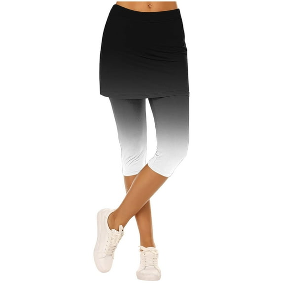 Horkkom Athletic Skirts Women Elastic Waist Capris Skirted Leggings Gradient Print Stretch Yoga Pants Black S