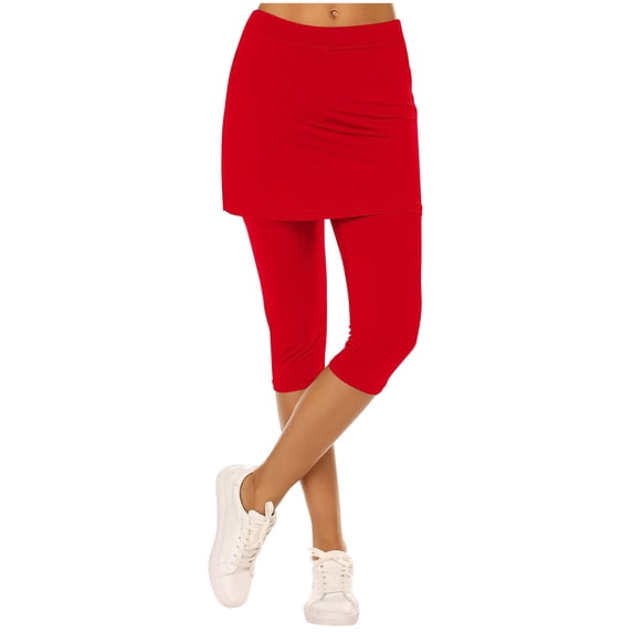 Horkkom Athletic Skirts Women Elastic Waist Skirted Leggings Capris Pants Solid Color Stretch Yoga Pants Red S