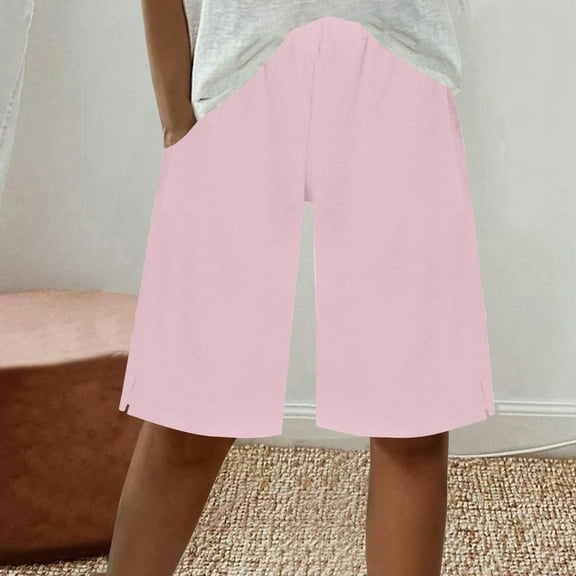 Horkkom Bermuda Shorts for Women Summer Loose Linen Shorts Solid Color Elastic Waist Beach Shorts with Pockets Pink L