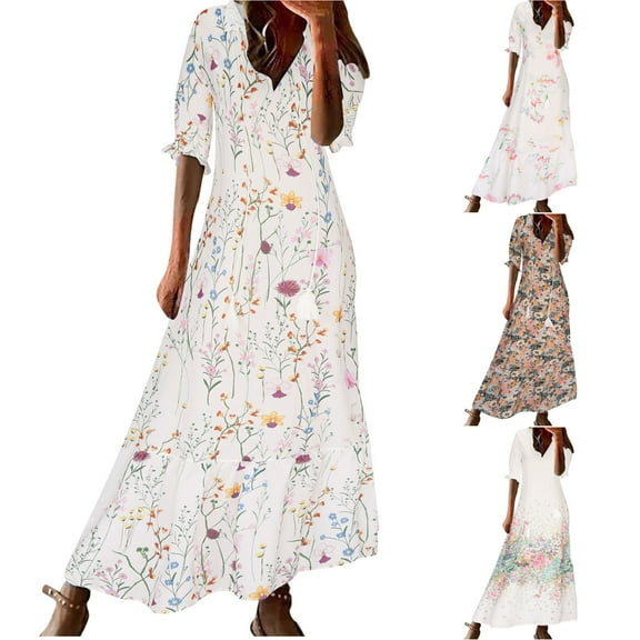 Horkkom Boho Dresses for Women 2025 Short Sleeve Tassel Tie Neck Floral Dress Summer Casual Beach Maxi Dresses White S