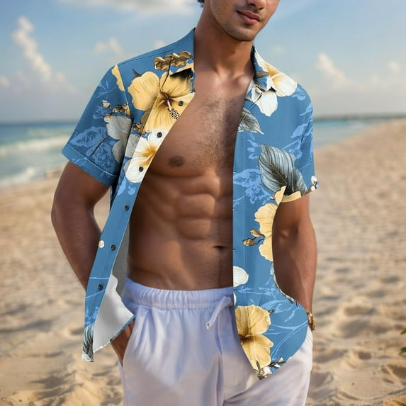 Horkkom Button Down Shirt Men Casual Short Sleeve Hawaiian Shirt Palm Tree Print Vacation Beach Shirts