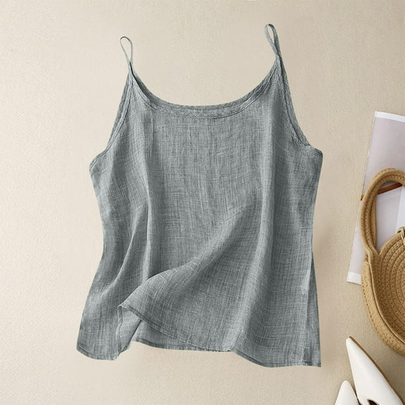 Horkkom Camisole Tops for Women Solid Color Spaghetti Strap Linen Tank Tops Summer Cool Sleeveless Tops Gray 2XL