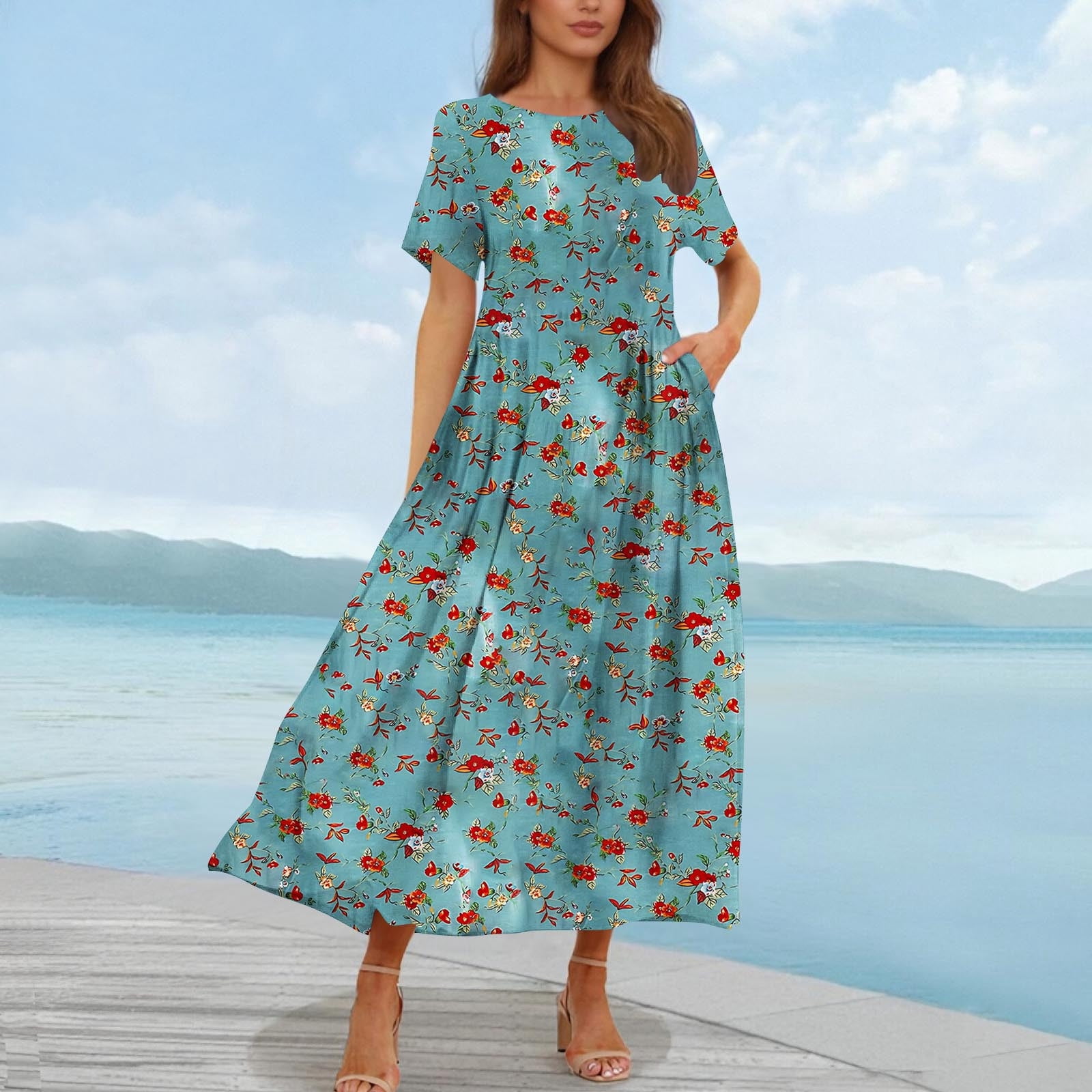 Summer Savings! Horkkom Floral Dress for Women Crew Neck Short Sleeve ...