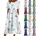 thumbnail image 1 of Horkkom Floral Dress for Women Summer Short Sleeve Maxi Shirt Dresses Casual Crew Neck Pleated Dress with Pockets Multicolor S, 1 of 5