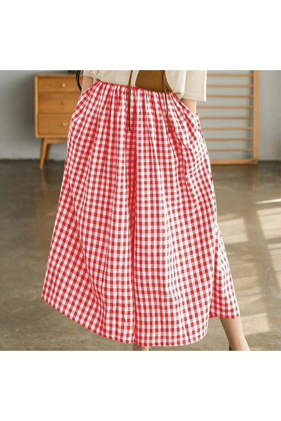 Gingham Pants Women Casual Wide Leg Pants Elastic Waist Plaid Capris with Pocket Red M