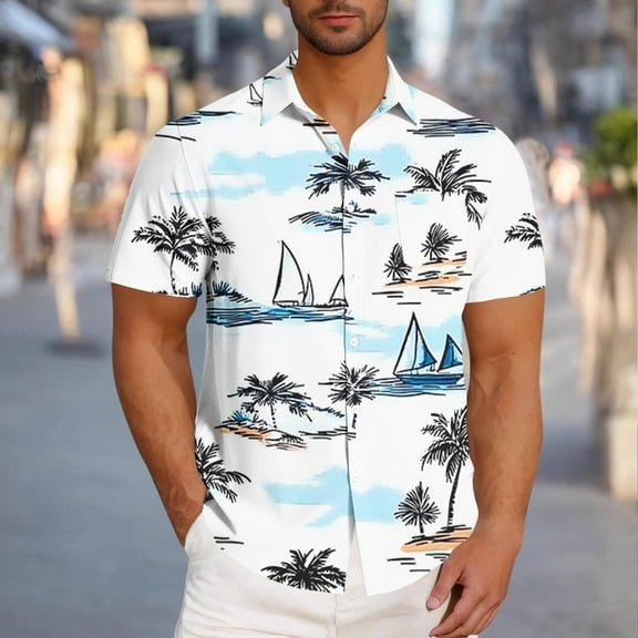Horkkom Hawaiian Shirt for Men Casual Short Sleeve Beach Shirts Summer Palm Tree Print Button Up Shirt