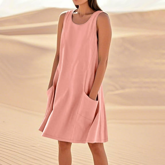 Horkkom Linen Dresses for Women 2025 Summer Beach Crew Neck Mini Dresses Casual Solid Color Sleeveless Sundresses with Pockets Pink S