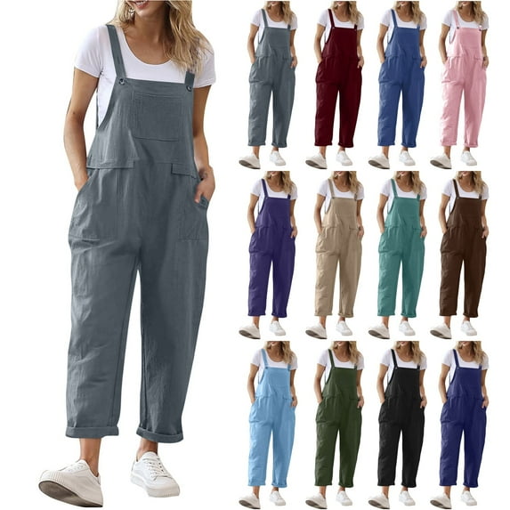 Horkkom Linen Overalls for Women Sleeveless Long Pants with Pocket Jumpsuits Casual Solid Color Rompers Green M