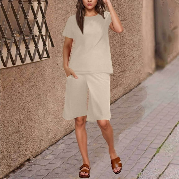 Horkkom Linen Sets for Women 2 Piece Solid Color Crew Neck Short Sleeve Shirts Elastic Waist Shorts Loose Comfy Two Piece Sets Beige L