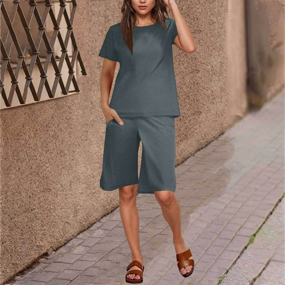 Horkkom Linen Sets for Women 2 Piece Solid Color Crew Neck Short Sleeve Shirts Elastic Waist Shorts Loose Comfy Two Piece Sets Gray 2XL