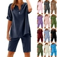 thumbnail image 1 of Horkkom Linen Sets for Women 2 Piece Summer Vacation Outfits Lounge Sets V Neck Short Sleeve Shirts Elastic Waist Shorts Two Piece Sets Blue S, 1 of 9