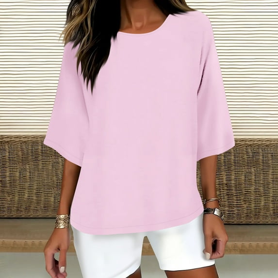 Horkkom Linen Shirts for Women Casual Plus Size Solid Color 3/4 Sleeve Tops Summer Loose Round Neck Blouses