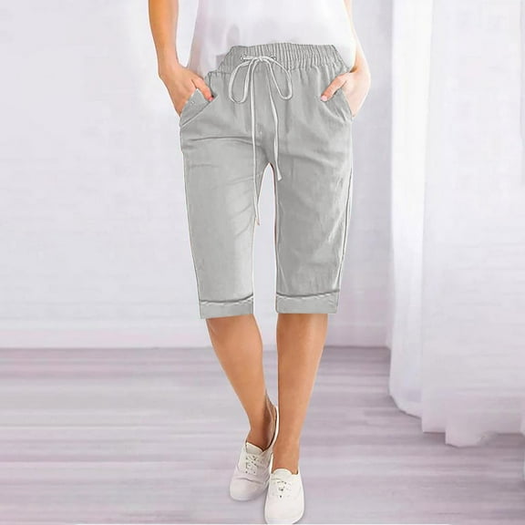 Horkkom Linen Shorts for Women Cotton Elastic Waist Drawstring Shorts with Pockets Summer Casual Mid Length Beach Shorts