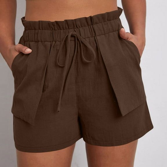 Horkkom Linen Shorts for Women Summer Elastic Waist Drawstring Bermuda Shorts Casual Solid Color Beach Pants with Pockets Brown S