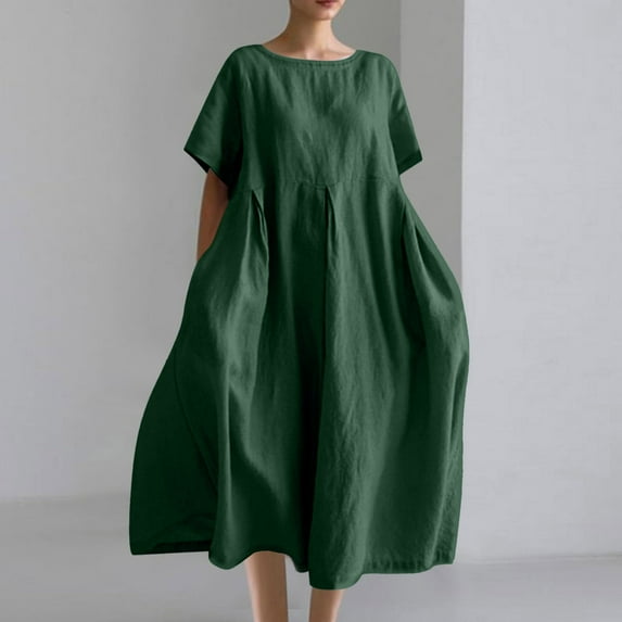 Horkkom Maxi Dresses for Women 2025 Plus Size Summer Linen Dress Solid Color Short Sleeve Dress Crew Neck with Pocket Long Dresses Green 2XL