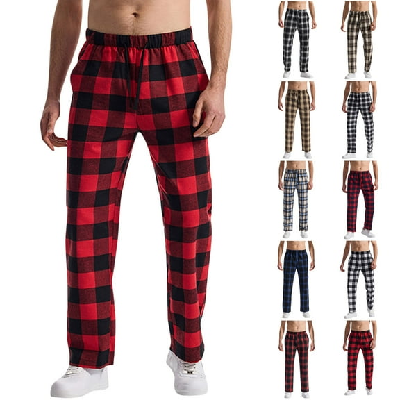 Horkkom Mens Pajama Pants Elastic Waist Drawstring Plaid Pants Sleep Lounge Pants with Pocket