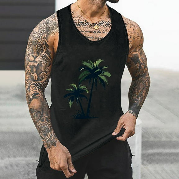 Horkkom Mens Tank Top Beach Summer Sleeveless Shirts Graphic Palm Tree Vacation Tanks Muscle Gym Tank Top
