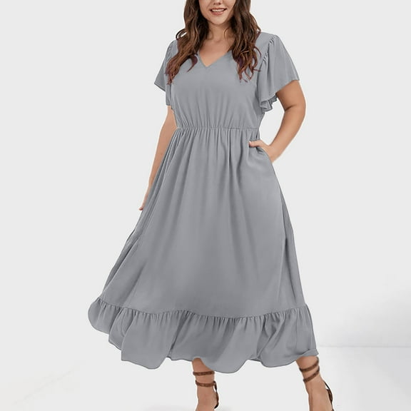 Horkkom Midi Dresses for Women Summer Casual Plus Size Dresses Solid Color V Neck A Line Dresses Pleated Short Sleeve Dress with Pockets Gray 3XL