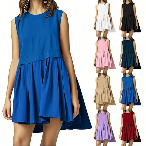 Horkkom Mini Dresses for Women Summer Flowy Pleated Dress Beach Vacasion Sleeveless Dress Casual Solid Color Sundresses Blue S