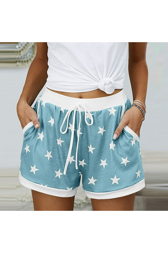 Pajama Shorts Women Elastic Waist Drawstring Star Print Sleep Shorts with Pockets Summer Casual Shorts