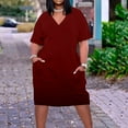 thumbnail image 1 of Horkkom Plus Size Dresses for Women Summer Casual Midi Dresses Solid Color V Neck Short Sleeve Dress with Pockets Red 5XL, 1 of 5