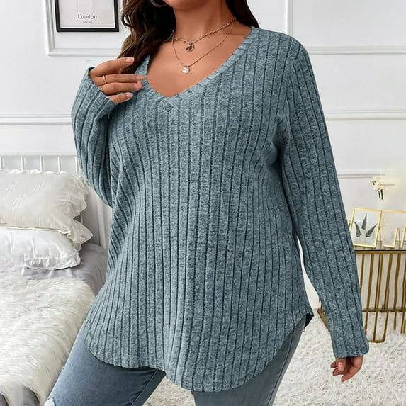 Horkkom Plus Size Sweaters for Women V Neck Solid Color Tunic Tops Fall Casual Sweaters Gray 2XL
