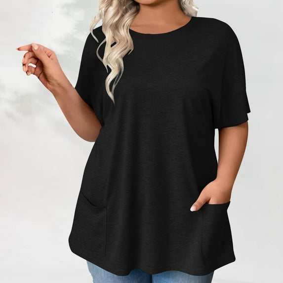Horkkom Plus Size Tops for Women Summer Solid Color Short Sleeve Shirts Casual Loose Crewneck Tops with Pockets Black XL