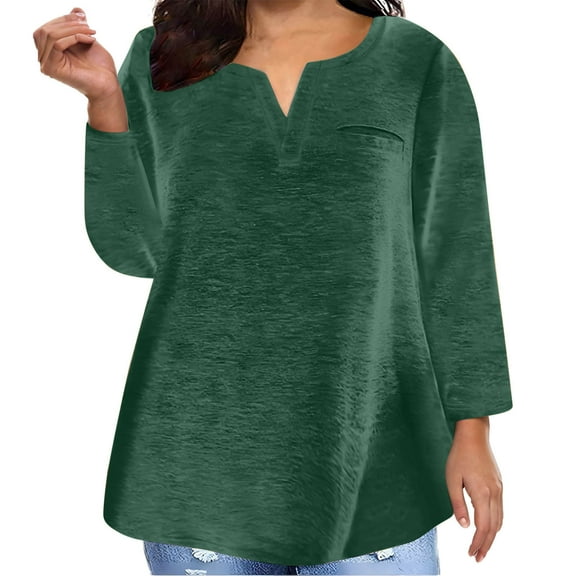 Horkkom Plus Size Tops for Women V Neck Solid Color Long Sleeve Shirts Fall Loose Casual Tops Green 4XL