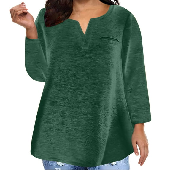 Horkkom Plus Size Tops for Women V Neck Solid Color Long Sleeve Shirts Fall Loose Casual Tops Green XL
