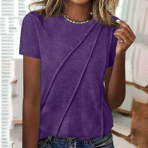 Summer Savings! Horkkom Plus Size Tunic Tops for Women Summer Crew Neck Pleated Short Sleeve Shirts Casual Loose Solid Color Blouses