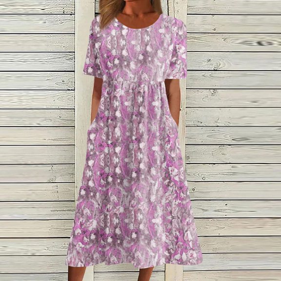 Horkkom Shirt Dresses for Women Summer Short Sleeve Maxi Floral Dress Casual Crew Neck Pleated Dress with Pockets Pink S