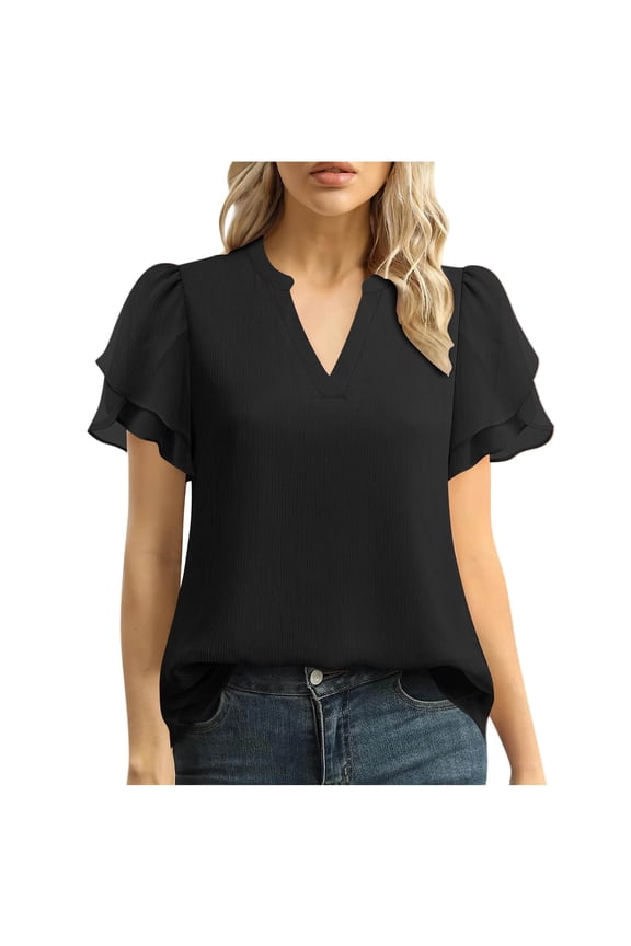 Short Sleeve Blouses for Women Casual Summer Tops V Neck Solid Color Puff Petal Dressy Chiffon Blouses Black XL