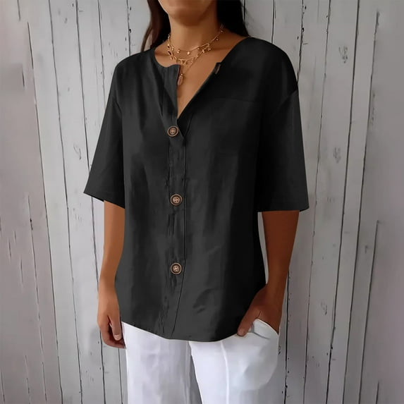 Horkkom Short Sleeve Button Up Women Summer Solid Color Linen Shirts with Pocket Casual Loose V Neck Cardigan Black S