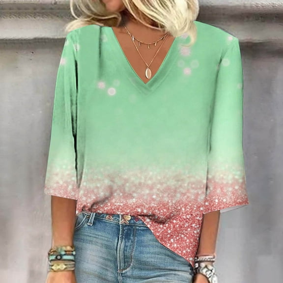 Horkkom Short Sleeve Shirts for Women Summer Casual T Shirts V Neck Color Block Print Tops S