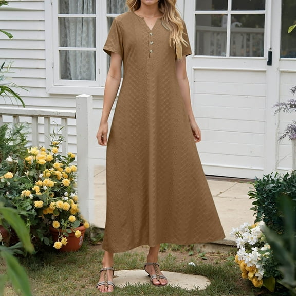 Horkkom Summer Dresses for Women 2025 Casual Beach Maxi Dresses V Neck Solid Color Short Sleeve Dress Button A Line Long Dresses Brown 2XL