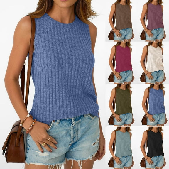 Horkkom Sweater Tank Tops for Women Summer Solid Color Sleeveless Sweater Tops Slim Pullover Thin Soft Casual Tops Blue L