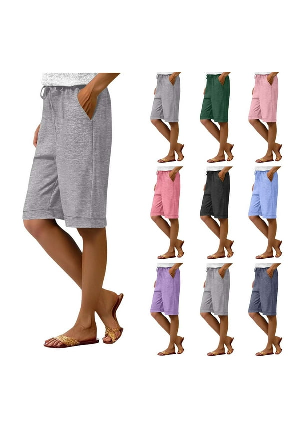 Sweatpants Women with Pockets Summer Casual Bermuda Shorts Elastic Waist Drawstring Solid Color Athletic Shorts Blue S