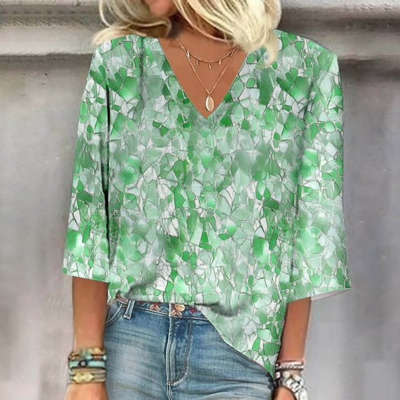 Horkkom T Shirts for Women Summer Casual Short Sleeve Shirts V Neck Color Block Print Tops S