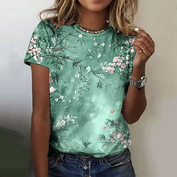 Horkkom T Shirts for Women Summer Crew Neck Short Sleeve Shirts Casual Wildflower Plant Print Tee