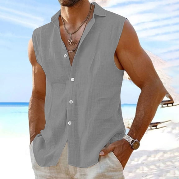 Horkkom Tank Tops Men Summer Button Down Shirt Linen Sleeveless Shirts Casual Solid Color Beach Shirts