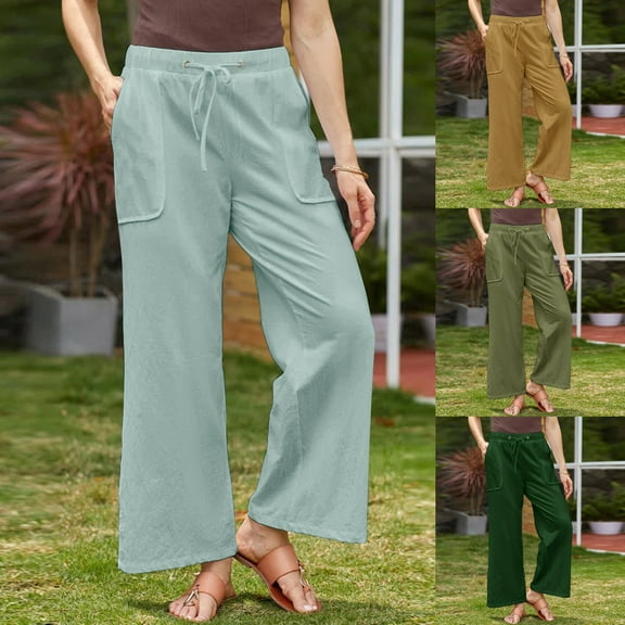Horkkom Wide Leg Pants Woman Plus Size Solid Color Linen Pants with Pockets Casual Elastic Waist Drawstring Beach Pants