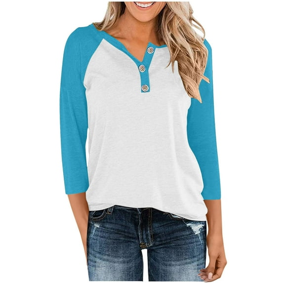 Horkkom Womens Fall Tops V Neck Button Long Sleeve Shirts Pullover Color Block Casual Tops Blue S