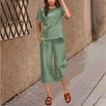 thumbnail image 1 of Summer Savings! Horkkom Womens Loungewear Set Summer Travel Vacation Outfits Linen Sets Crew Neck Short Sleeve Shirts Elastic Waist Capris Pants 2 Piece Sets Green S, 1 of 5