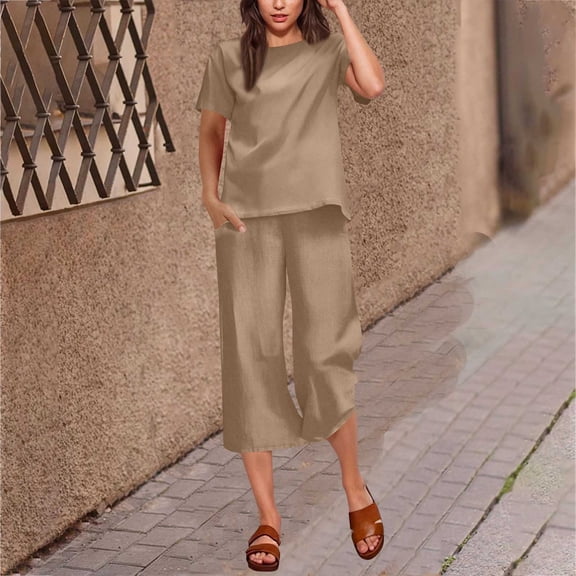 Horkkom Womens Loungewear Set Summer Travel Vacation Outfits Linen Sets Crew Neck Short Sleeve Shirts Elastic Waist Capris Pants 2 Piece Sets Brown XL
