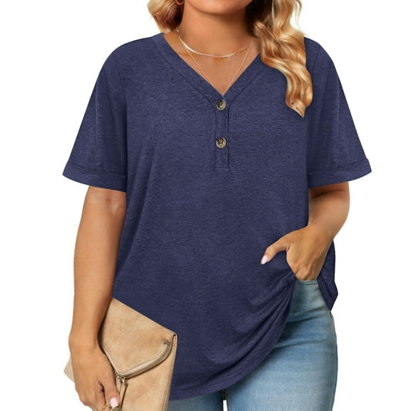 Horkkom Womens Short Sleeve Tops Plus Size Solid Color Button V Neck Blouses Summer Loose Tunic Tops Blue 2XL