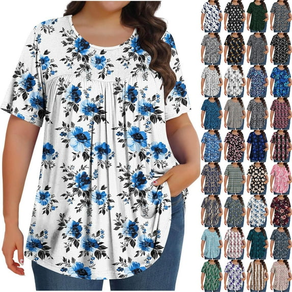 Horkkom Womens Short Sleeve Tops Summer Casual Floral Print Plus Size Blouses Loose Crew Neck Pleated Tunic Tops 3XL