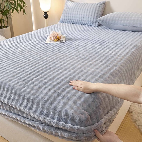 Summer Savings! InsCrazy Fitted Bed Sheet, Winter Rabbit Plush Velvet Bed Cover Mattress Protector Thickened Velvet Bed Cover Bedspread King Size Fitted Bed Sheet 76 x 80"