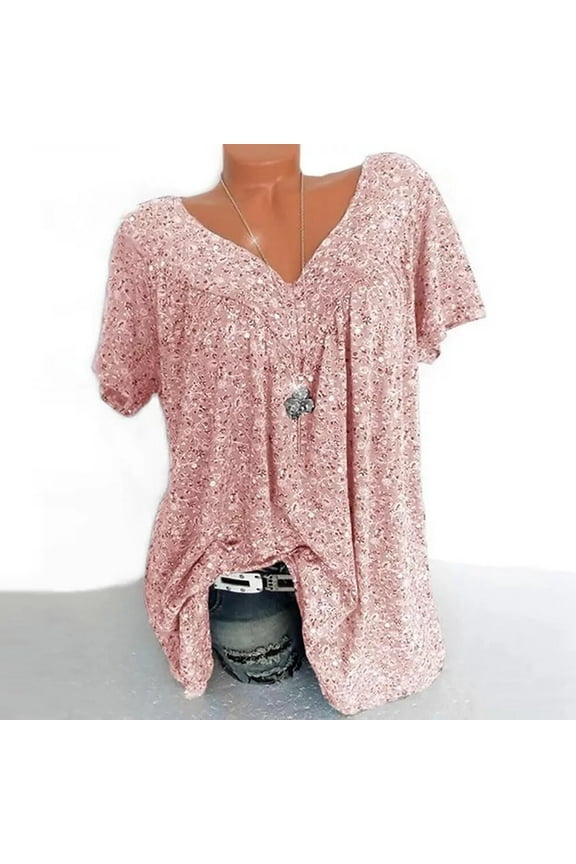 Womens Wrap V Neck Shirred Boho Blouses Floral Print Short Sleeve Crop Tops Pink 3XL