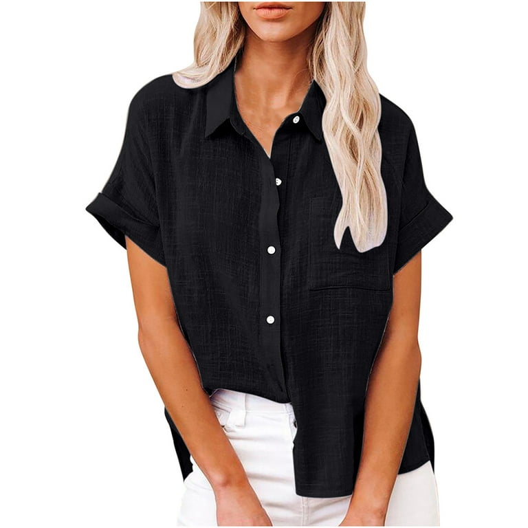 Summer Savings! Jerdar Women's Button Up Shirts Cotton Short Sleeve Blouses  V Neck Casual Tunics Shirt Solid Color Tops with Pockets Black