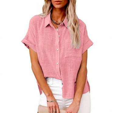 Summer Savings! Jerdar Women's Button Up Shirts Cotton Short Sleeve Blouses V Neck Casual Tunics Shirt Solid Color Tops with Pockets